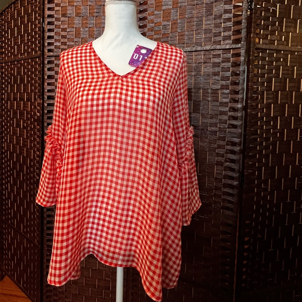 Chic Red Gingham V-Neck Blouse